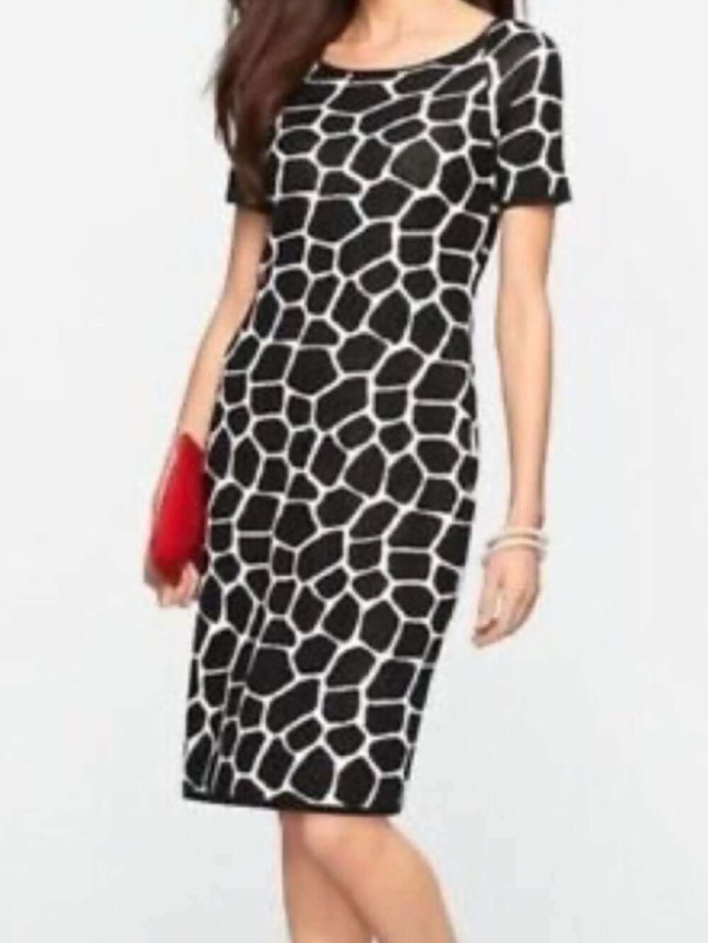 Talbots Giraffe Print Wool Blend Knit Sheath Dress Black White Small